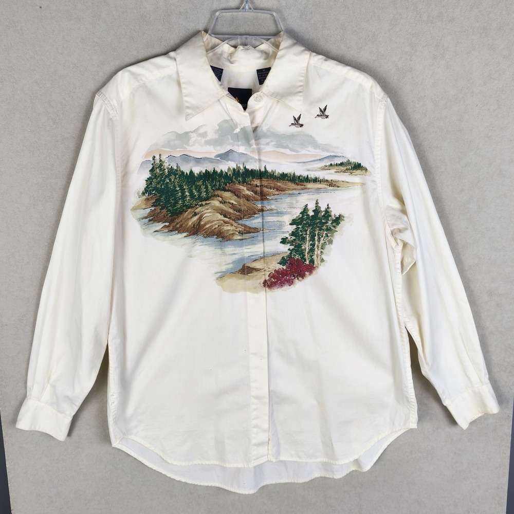 Vintage Lizsport Nature Scene Graphic‎ Button Down Shirt Cream Cotton Women Med